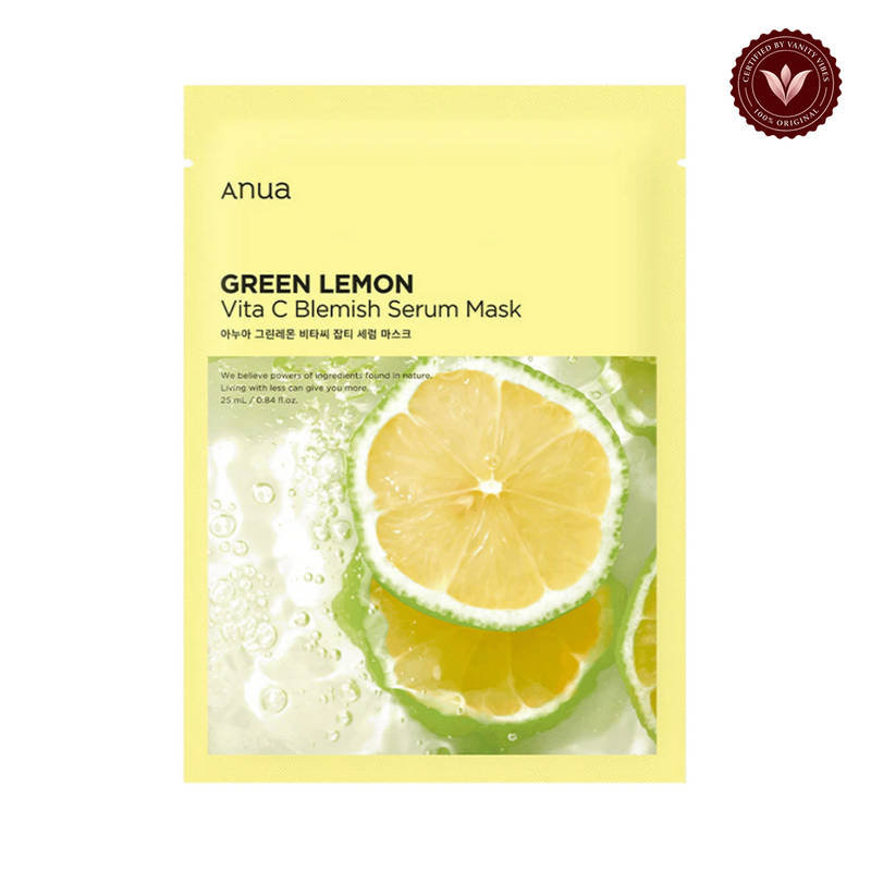 Anua Green Lemon Vita C Blemish Serum Mask 25ml front product image with Vanity Vibes seal