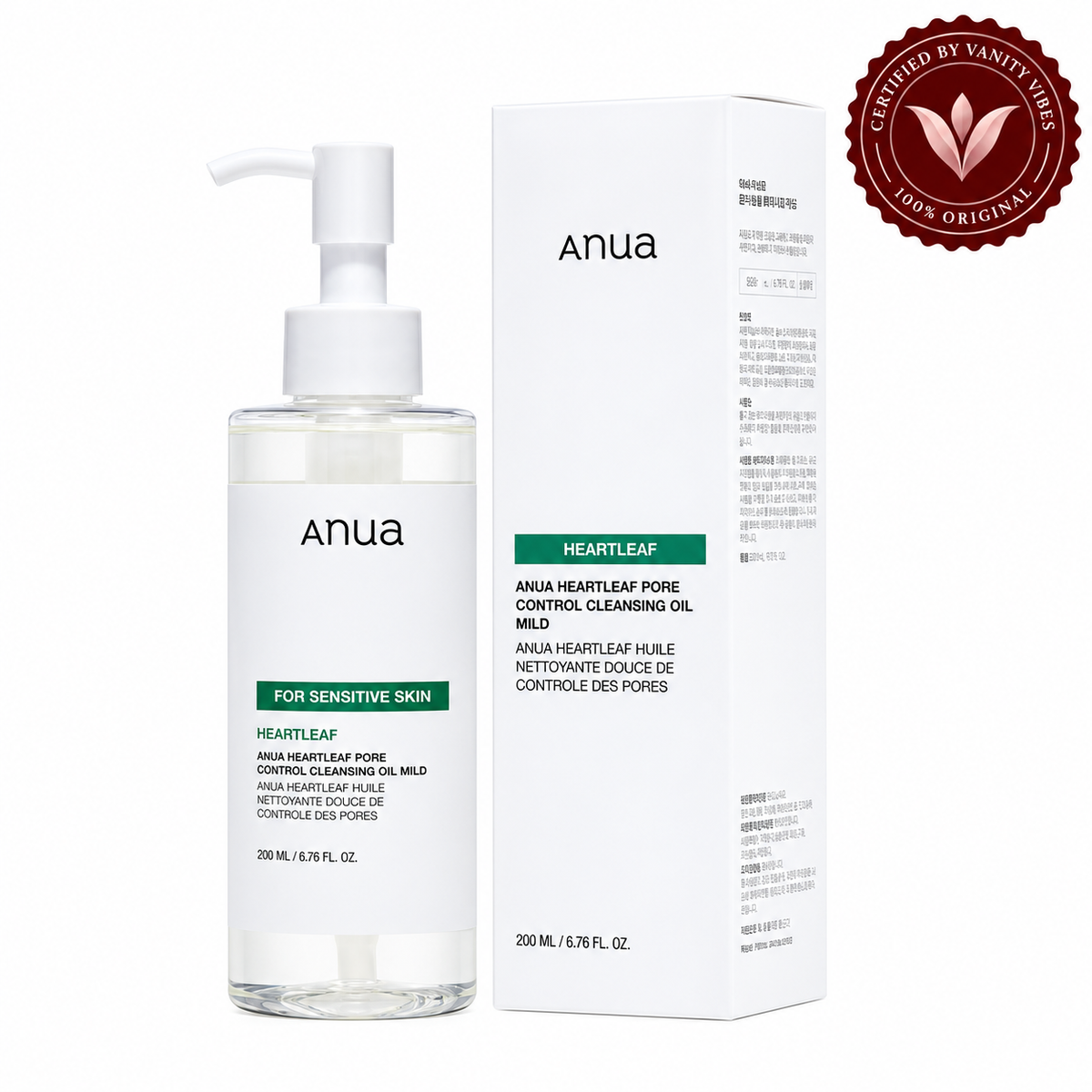 Anua Heartleaf Pore Control Cleansing Oil Mild 200 ml bottle and box on white with Vanity Vibes stamp