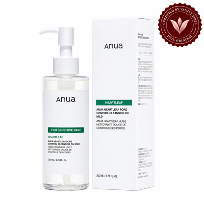 Anua Heartleaf Pore Control Cleansing Oil Mild 200 ml bottle and box on white with Vanity Vibes stamp