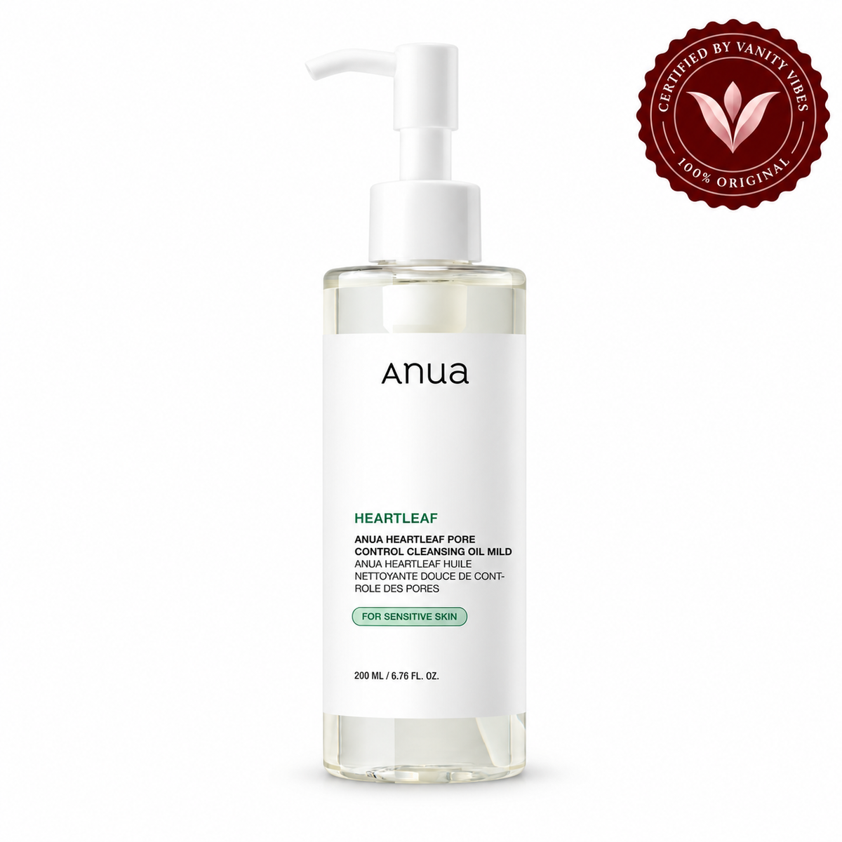 Anua Heartleaf Pore Control Cleansing Oil Mild 200 ml bottle on white with Vanity Vibes stamp