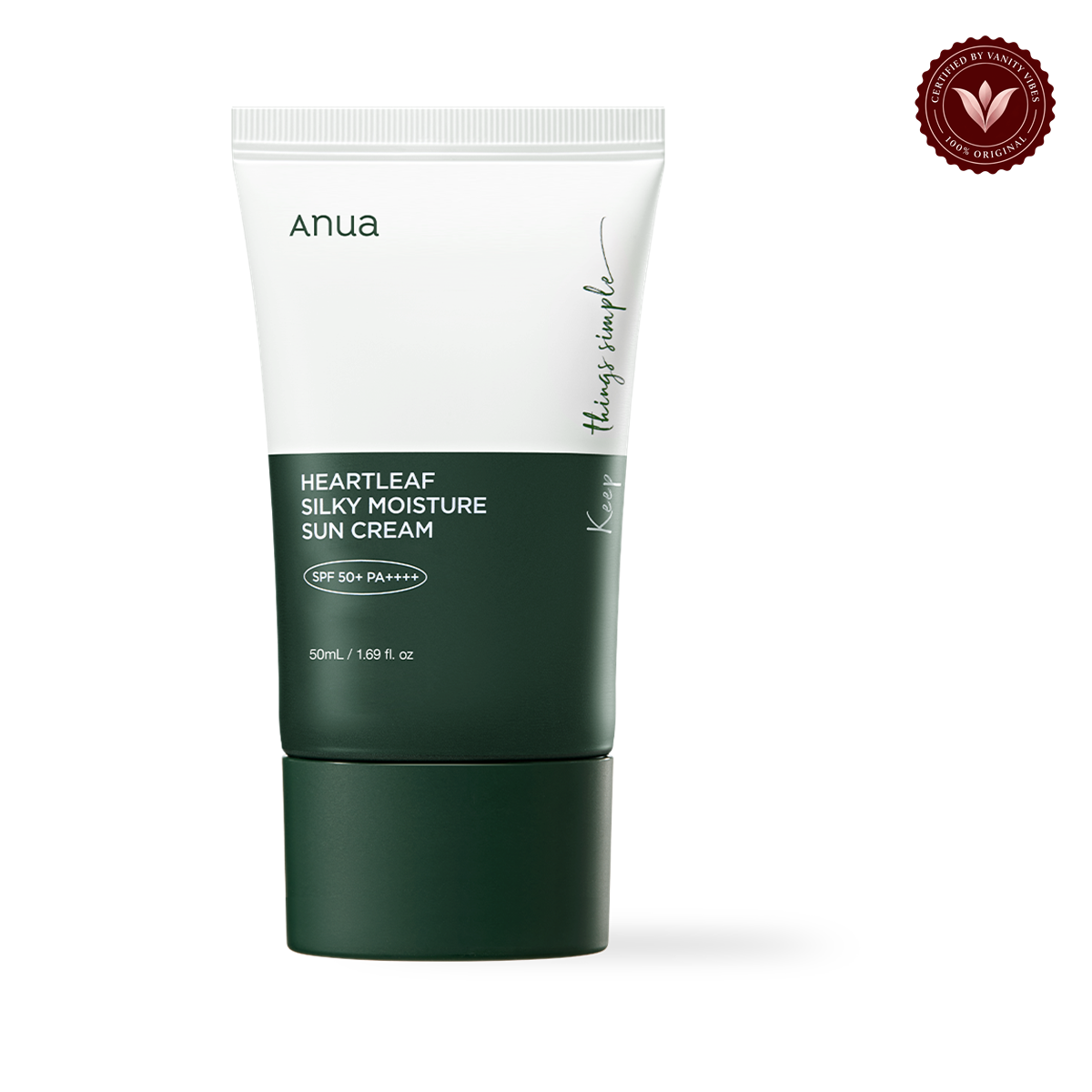 Anua Heartleaf Silky Moisture Sun Cream SPF50+ PA++++ 50ml front product photo with Vanity Vibes seal