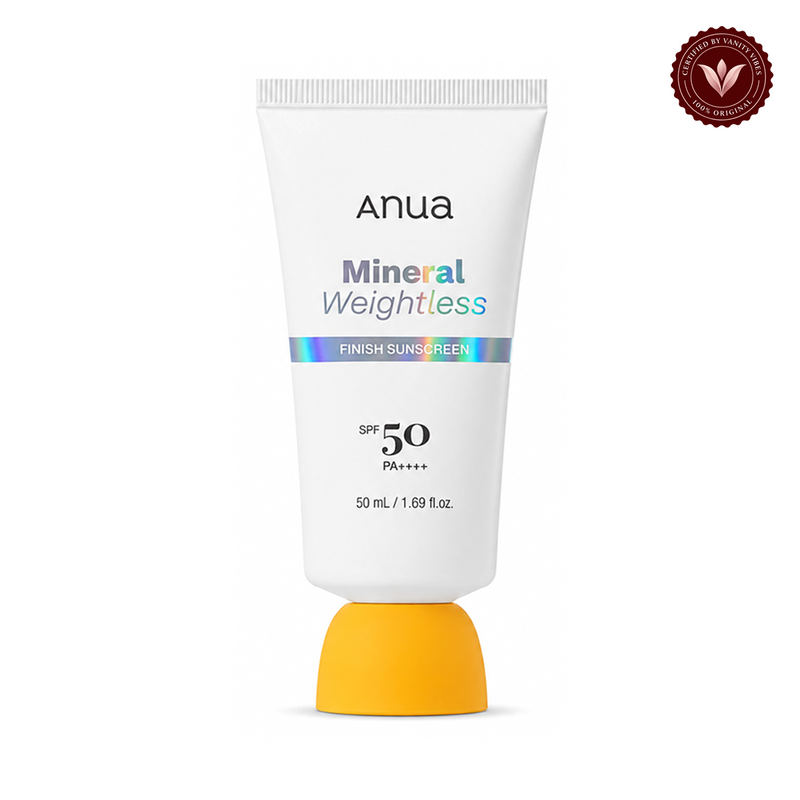 Anua Mineral Weightless Finish Sunscreen SPF50 PA++++ 50ml front product image with Vanity Vibes seal