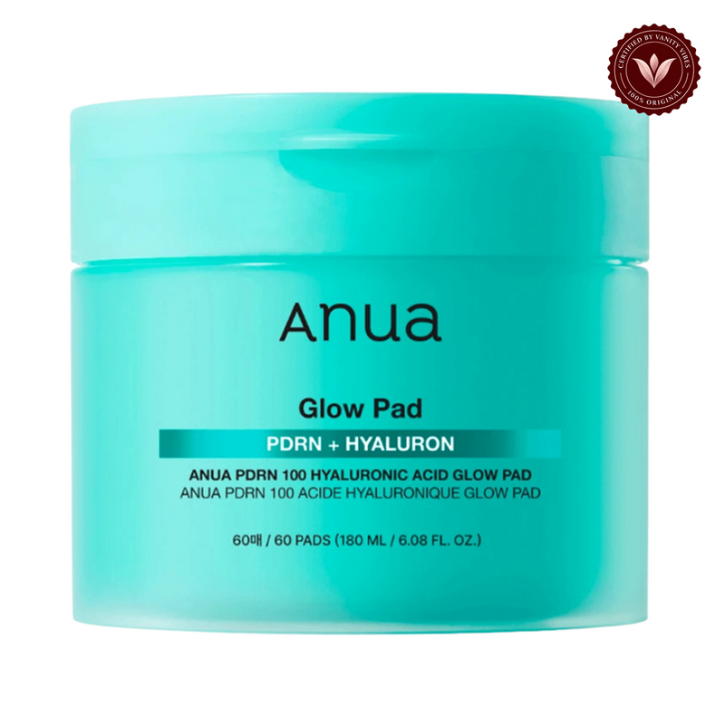 Anua PDRN 100 Hyaluronic Acid Glow Pad 60 Pads 180ml front product photo with Vanity Vibes seal