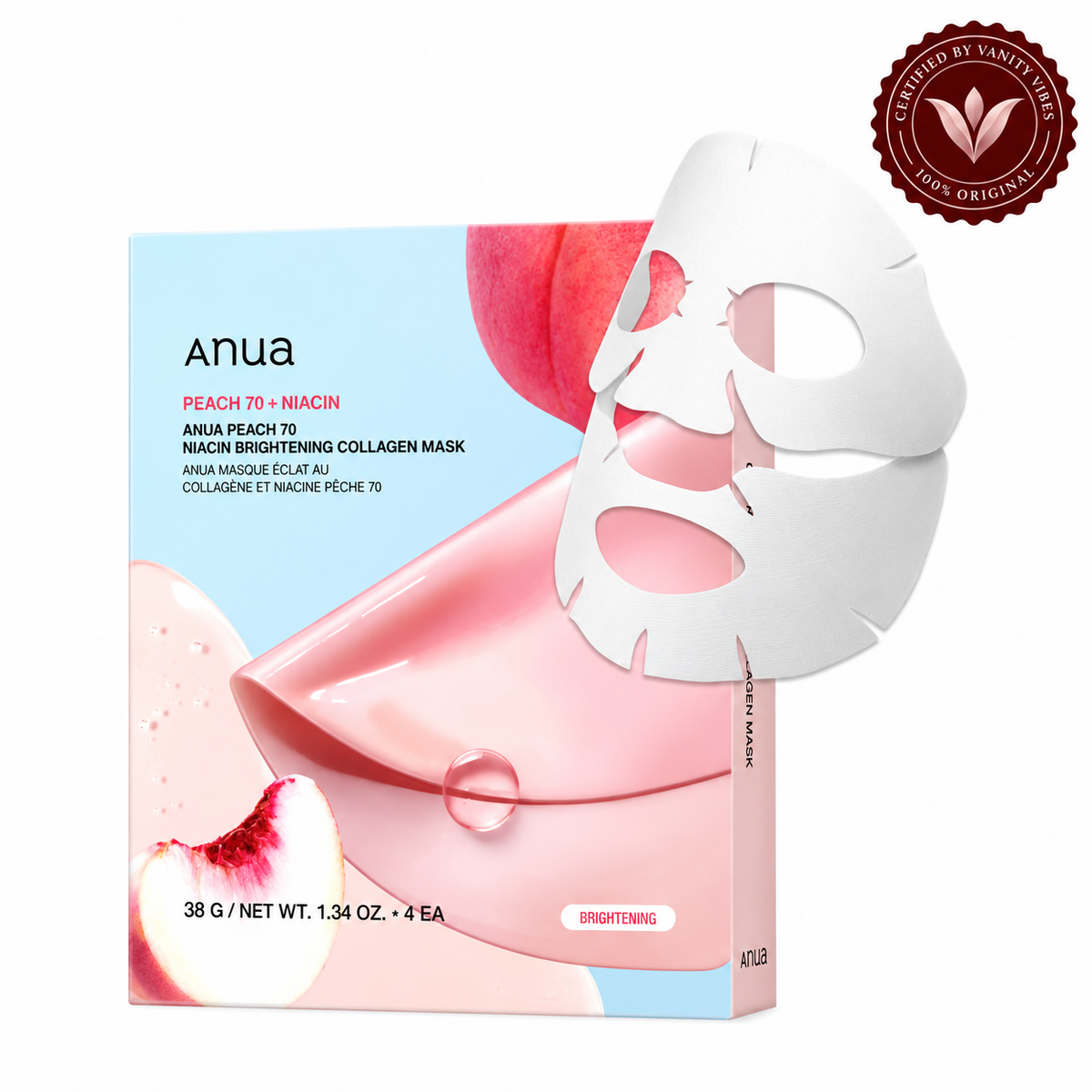 Anua Peach 70 Niacin Brightening Collagen Mask four-mask box and hydrogel sheet on white, with Vanity Vibes seal