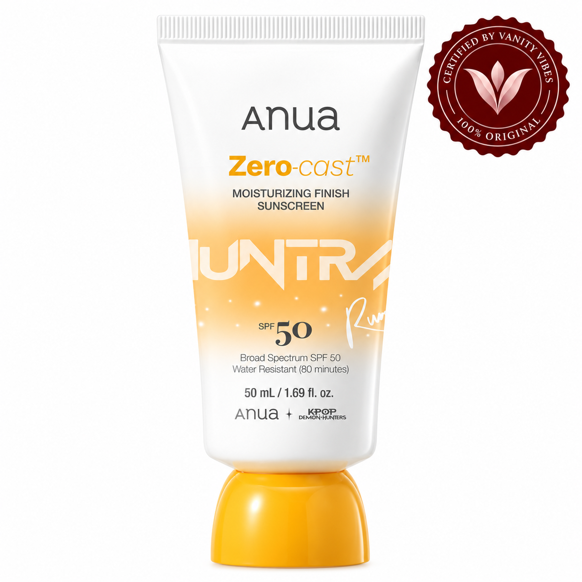 Anua Zero-Cast KPop Demon Hunters Edition SPF 50 sunscreen 50ml, front product photo with Vanity Vibes seal