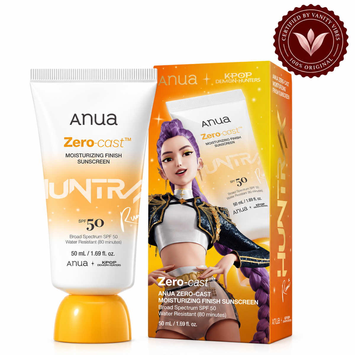 Anua Zero-Cast KPop Demon Hunters Edition sunscreen with collaboration box, Vanity Vibes seal