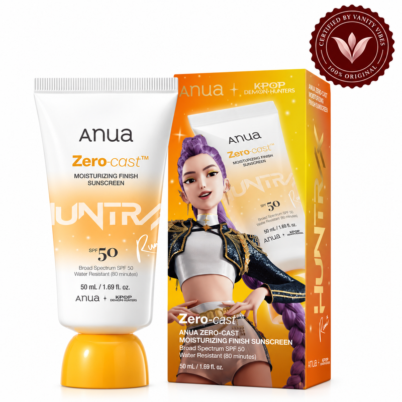 Anua Zero-Cast KPop Demon Hunters Edition sunscreen with collaboration box, Vanity Vibes seal