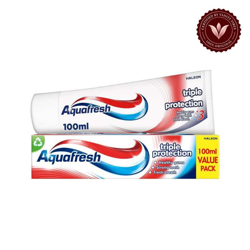 Aquafresh Triple Protection Toothpaste 100ml — tube and box on white, authenticity badge