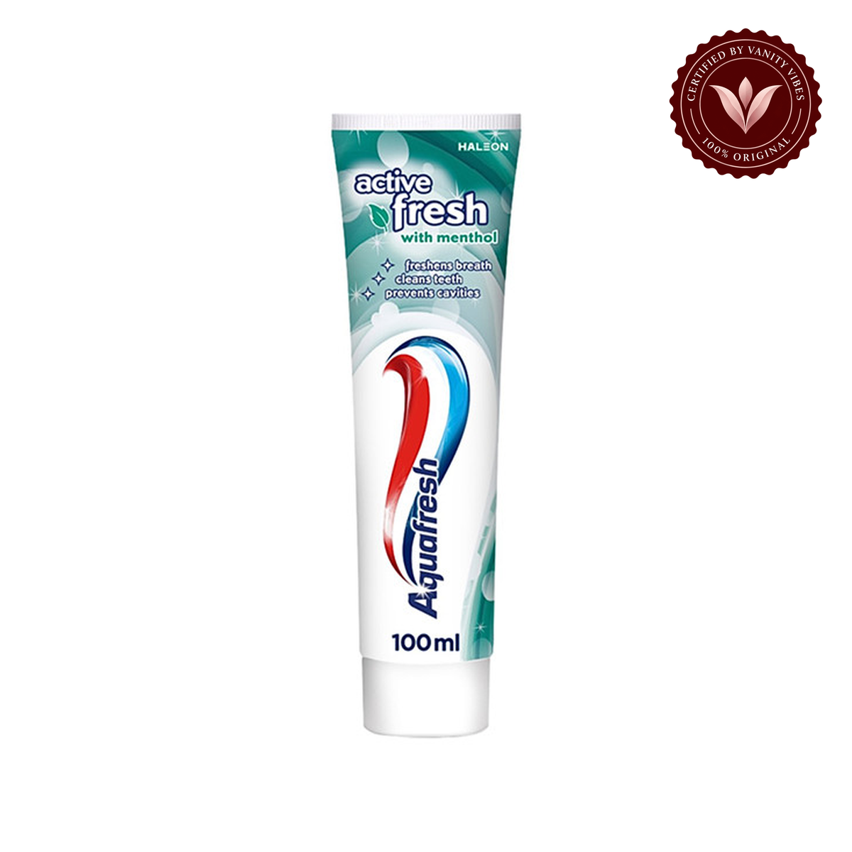 Aquafresh Triple Protection Menthol Toothpaste 100ml — single front tube on white, centered, authenticity badge