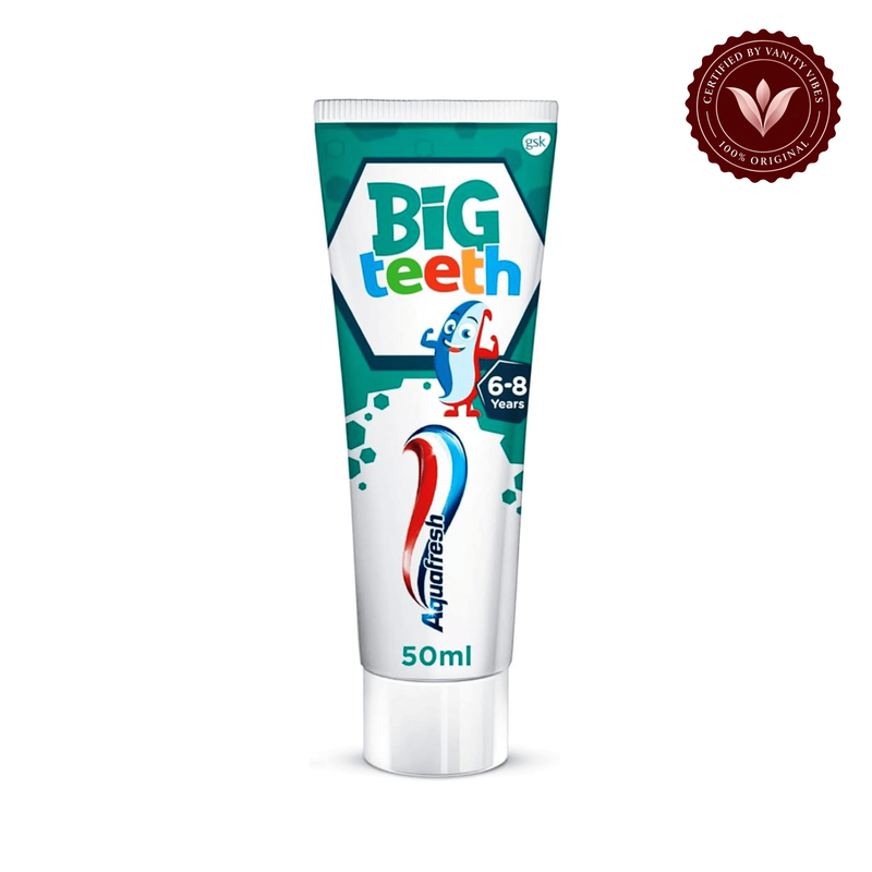 Aquafresh Big Teeth Kids Toothpaste 50ml 6–8 years — single front tube on white, centered, authenticity badge
