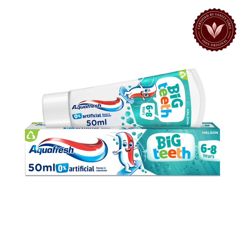 Aquafresh Big Teeth Kids Toothpaste 50ml 6–8 years — tube and box on white, authenticity badge