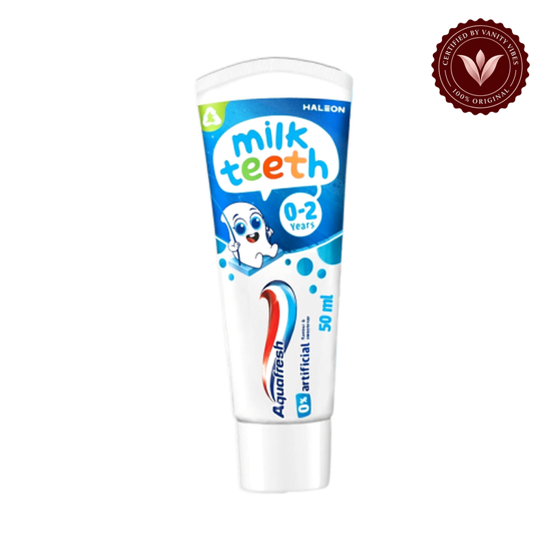 Aquafresh Milk Teeth Toothpaste 50ml 0–2 years — single front tube on white, centered, authenticity badge