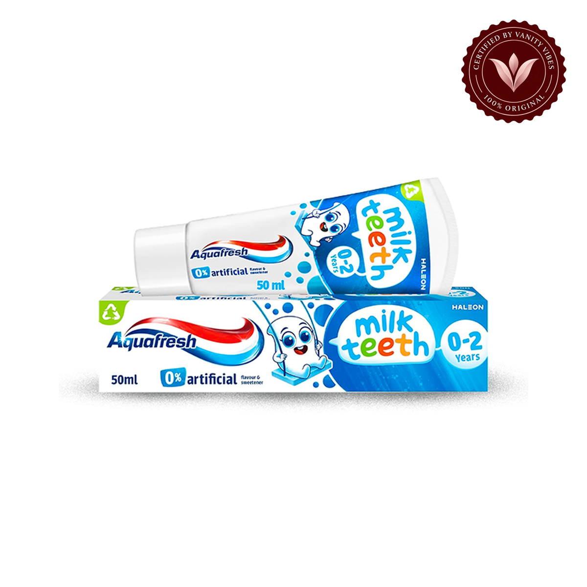 Aquafresh Milk Teeth Toothpaste 50ml 0–2 years — tube and box on white, authenticity badge
