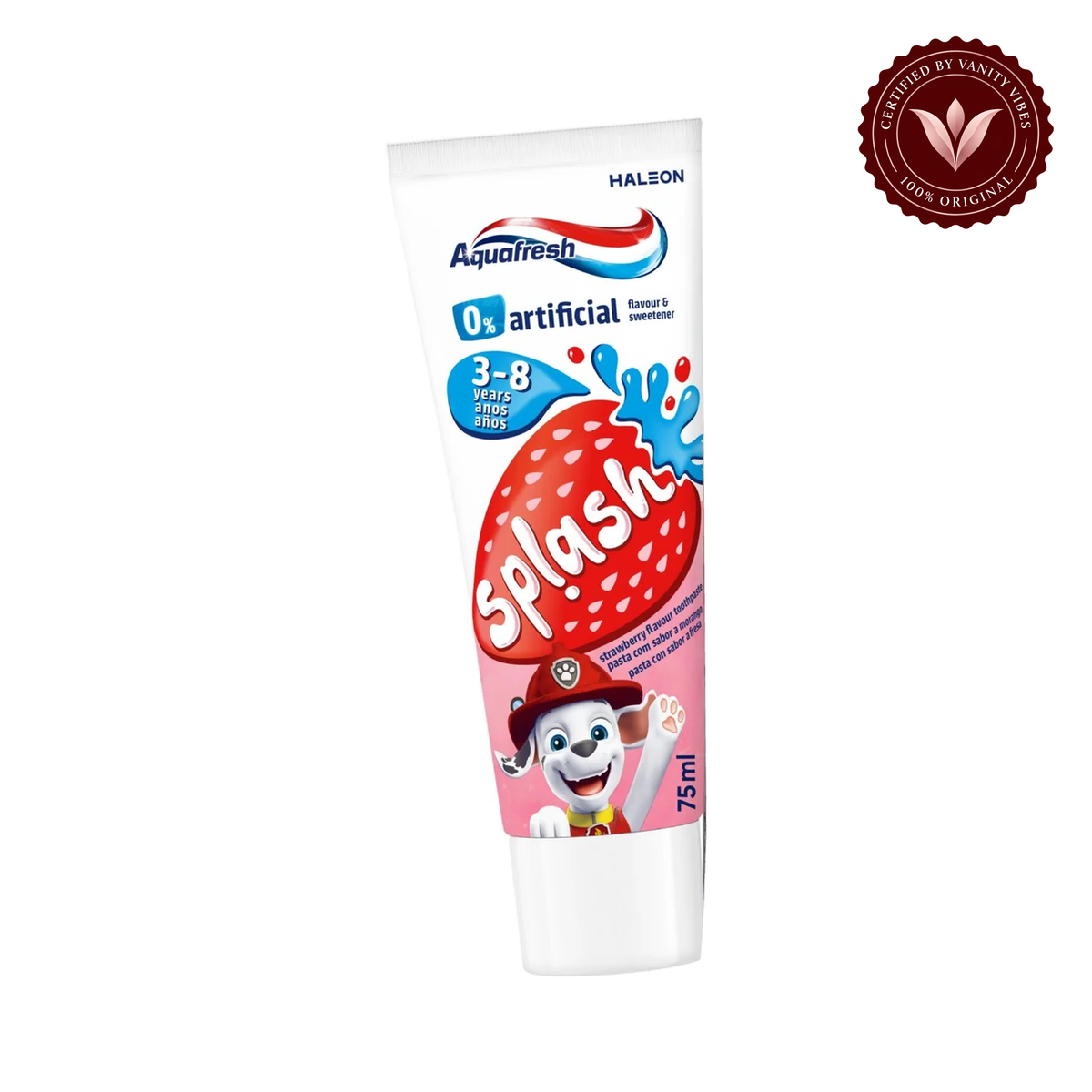 Aquafresh Splash Strawberry Toothpaste 75ml 3–8 years — single front tube on white, centered, authenticity badge