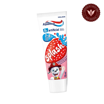 Aquafresh Splash Strawberry Toothpaste 75ml 3–8 years — single front tube on white, centered, authenticity badge