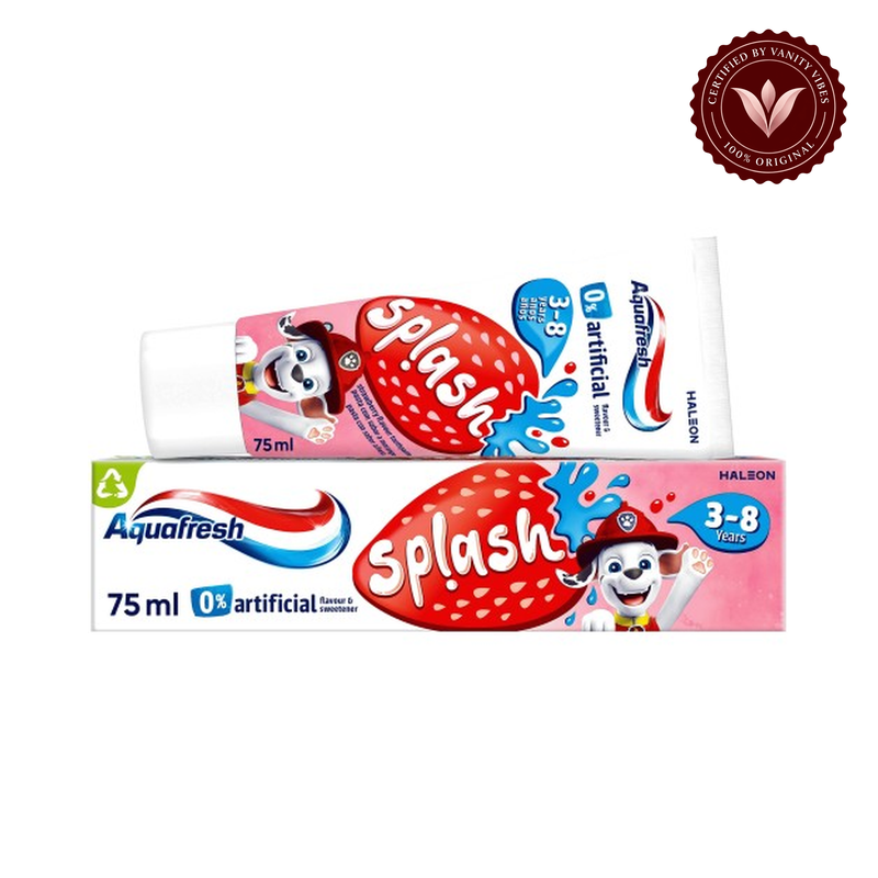 Aquafresh Splash Strawberry Toothpaste 75ml 3–8 years — tube and box on white, authenticity badge