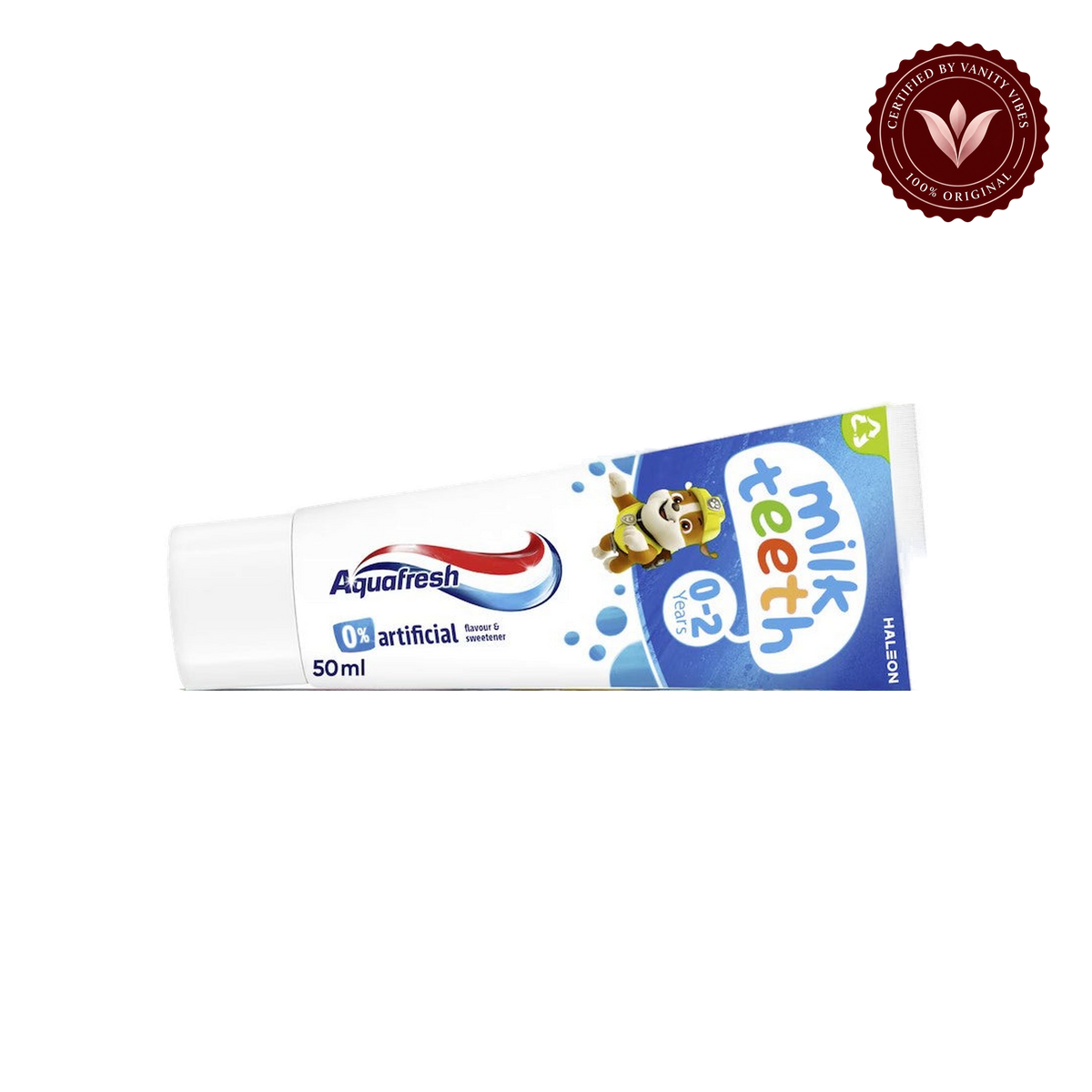 Aquafresh Milk Teeth Toothpaste 50ml 0–2 years — single tube, front image with transparent background and authenticity badge