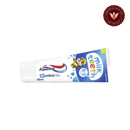 Aquafresh Milk Teeth Toothpaste 50ml 0–2 years — single tube, front image with transparent background and authenticity badge