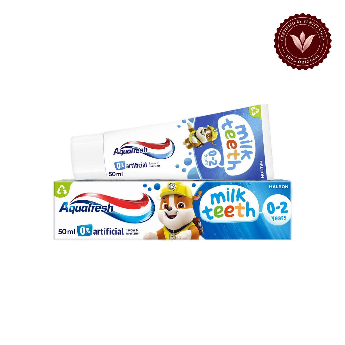 Aquafresh Milk Teeth Toothpaste 50ml 0–2 years — tube and box, transparent background with authenticity badge