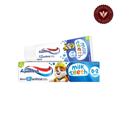Aquafresh Milk Teeth Toothpaste 50ml 0–2 years — tube and box, transparent background with authenticity badge