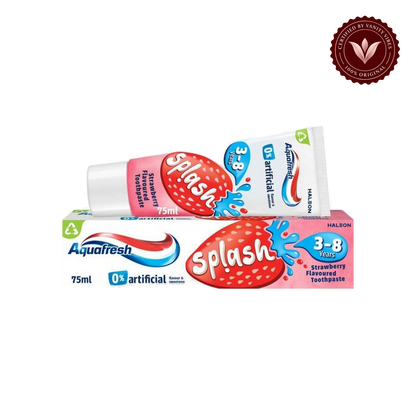 Aquafresh Splash Strawberry Toothpaste 75ml 3–8 years — tube and box, transparent background with authenticity badge