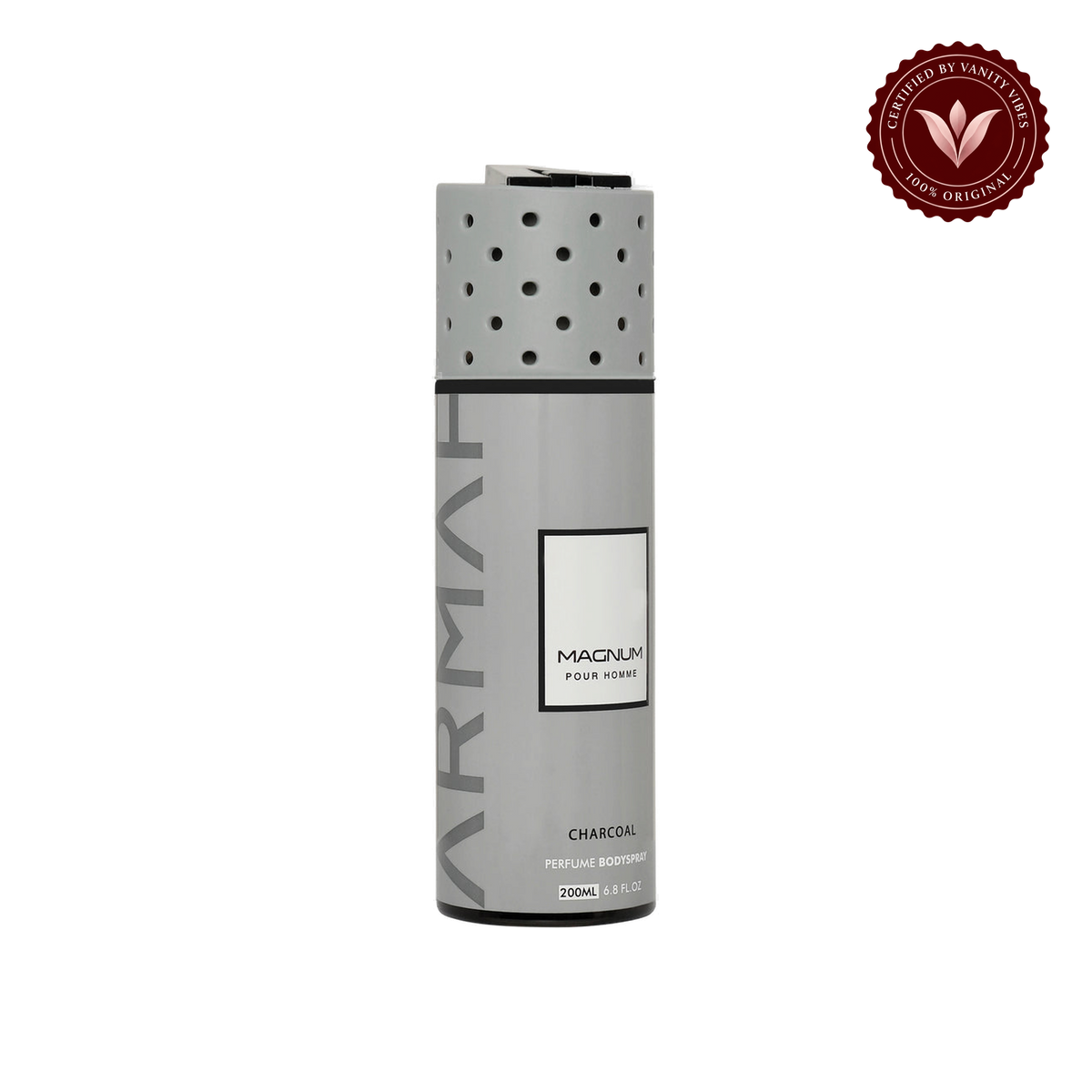 Armaf Magnum Pour Homme Charcoal Perfume Body Spray 200ml Masculine Fresh & Smoky Fragrance — front product view, transparent background