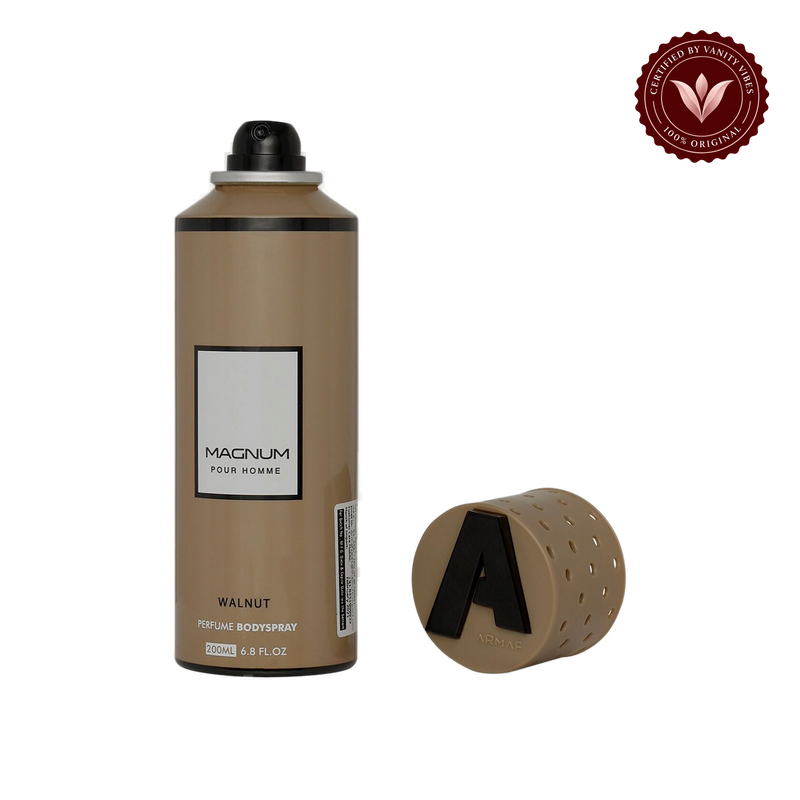 Armaf Magnum Pour Homme Walnut Perfume Body Spray 200ml Masculine Warm & Woody Fragrance — alternate product view, transparent background
