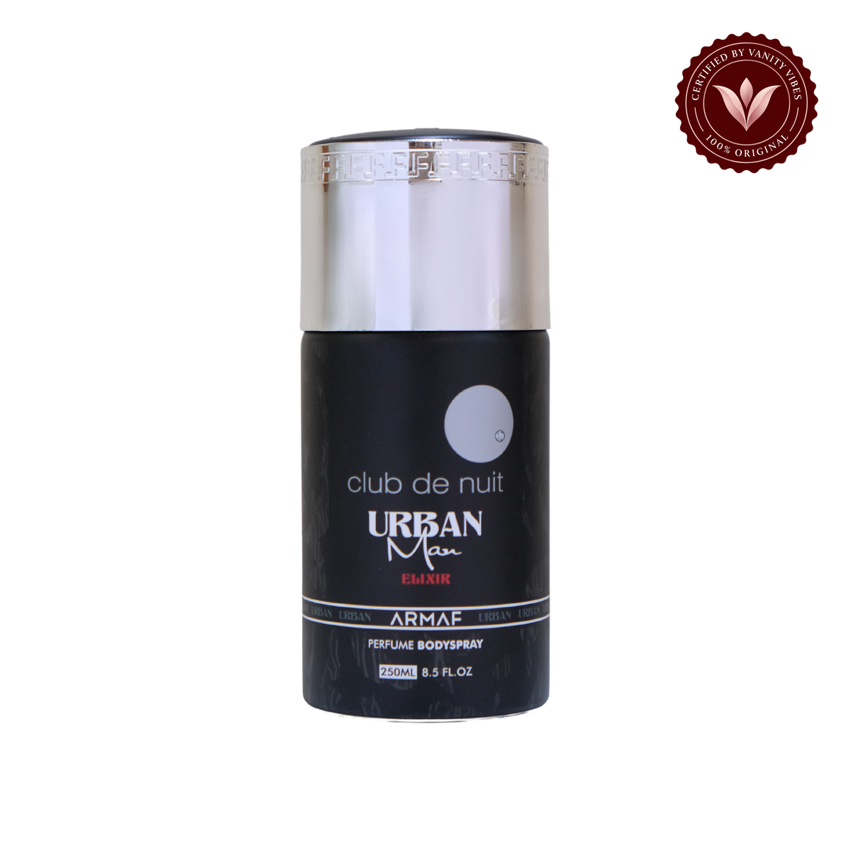 Armaf Club De Nuit Urban Man Elixir Perfumed Body Spray 250ml Long-Lasting Bold & Masculine Fragrance — front product view, transparent background