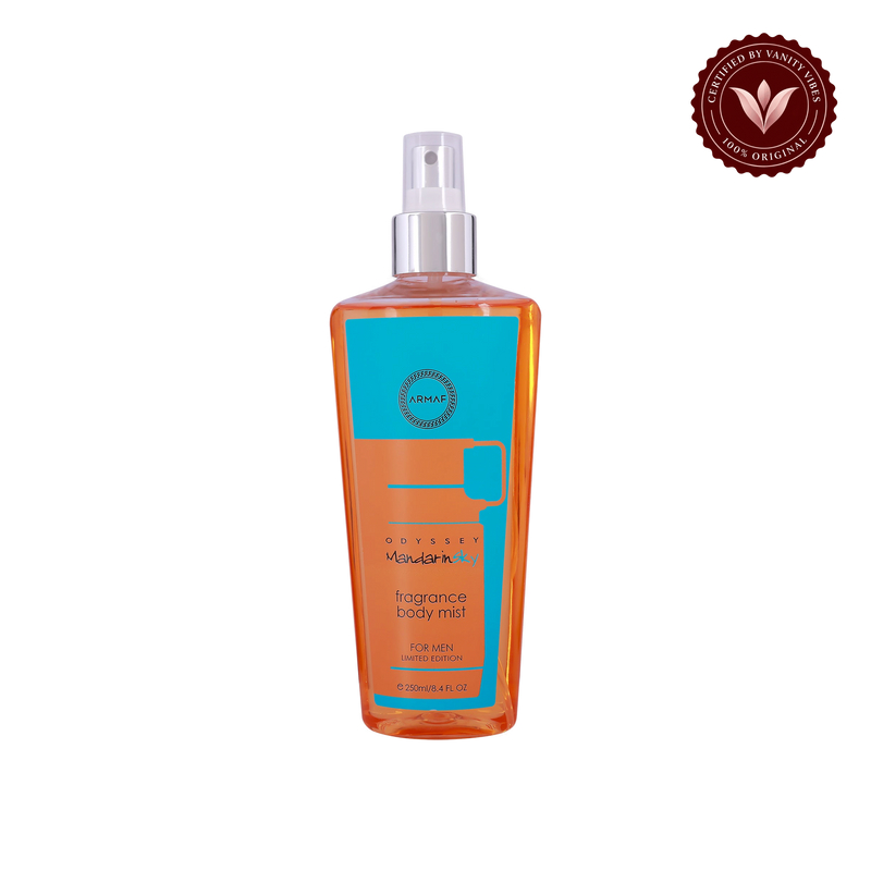 Armaf Odyssey Mandarin Sky for Men Fragrance Body Mist Limited Edition 250ml - Long Lasting Fresh Citrus Masculine Scent — front product view, transparent background