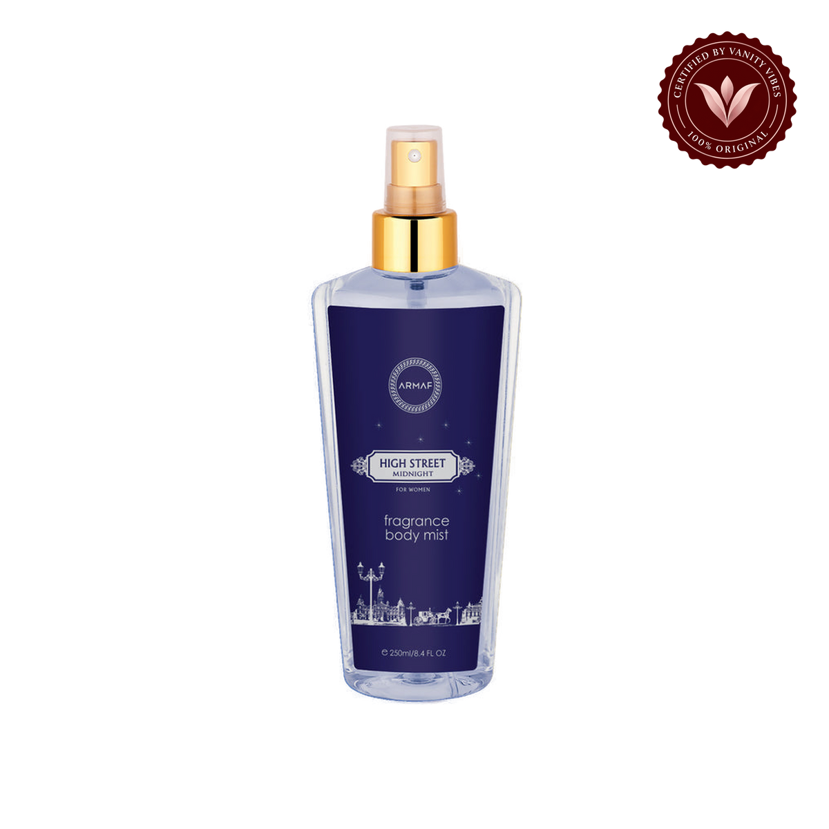 Armaf High Street Midnight for Women Fragrance Body Mist 250ml - Long Lasting Elegant Night Perfume Spray — front product view, transparent background