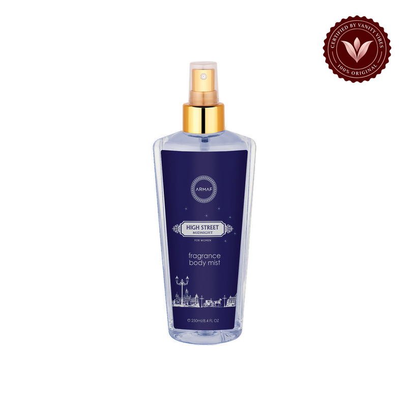 Armaf High Street Midnight for Women Fragrance Body Mist 250ml - Long Lasting Elegant Night Perfume Spray — front product view, transparent background