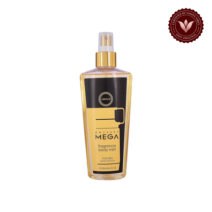Armaf Odyssey Mega for Men Intense Fragrance Body Mist Limited Edition 250ml - Long Lasting Bold Masculine Perfume Spray — front product view, transparent background