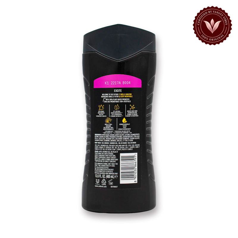 Axe Excite 12h Long Lasting Fragrance 3 In 1 Body Wash 400ml — secondary view, transparent background