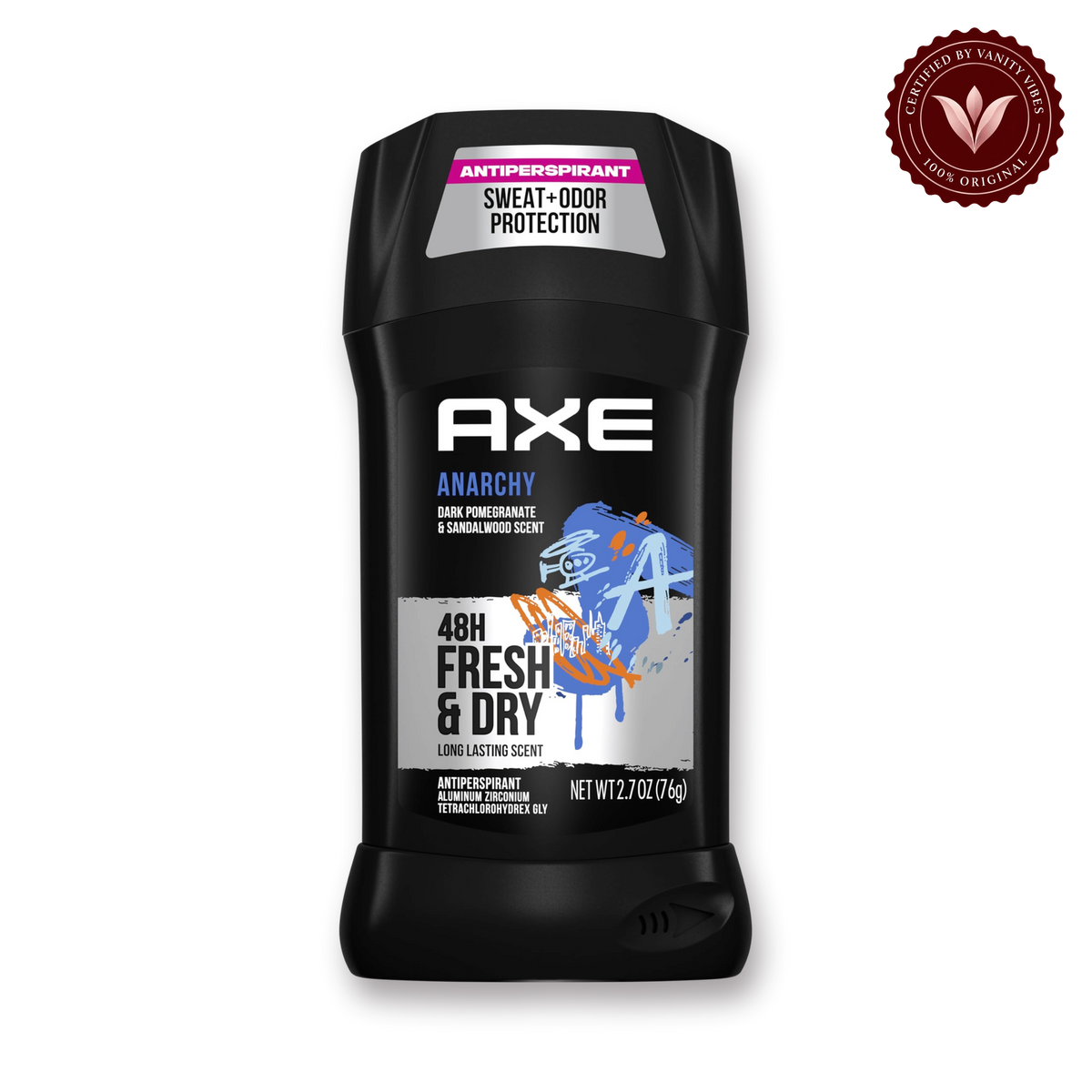 AXE Anarchy Dark Pomegranate & Sandalwood Dual Action Antiperspirant 48 Hour Stick for Long Lasting Freshness — front view, transparent background