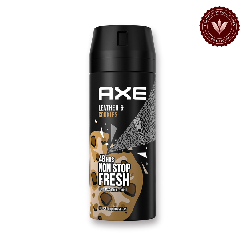 Axe Leather & Cookies 48H Non-Stop Fresh Deodorant Body Spray for Men 150ml Long-Lasting Fragrance & Odor Protection — front view, transparent background