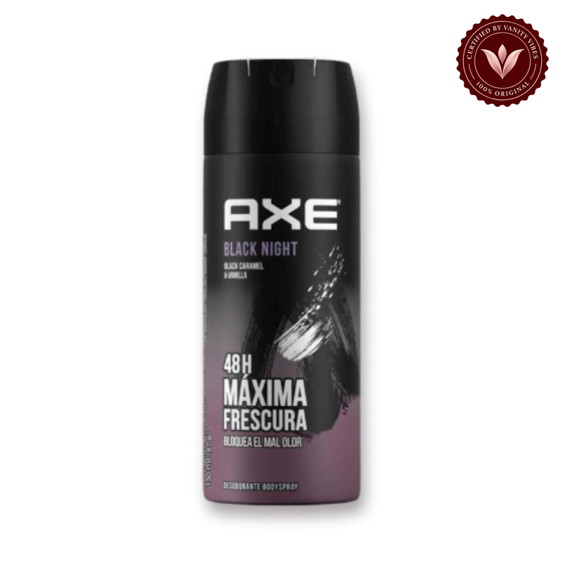 Axe Black Night Black Caramel & Vanilla 48H Non-Stop Fresh Deodorant Body Spray 150ml Long-Lasting Fragrance & Odor Protection — front view, transparent background