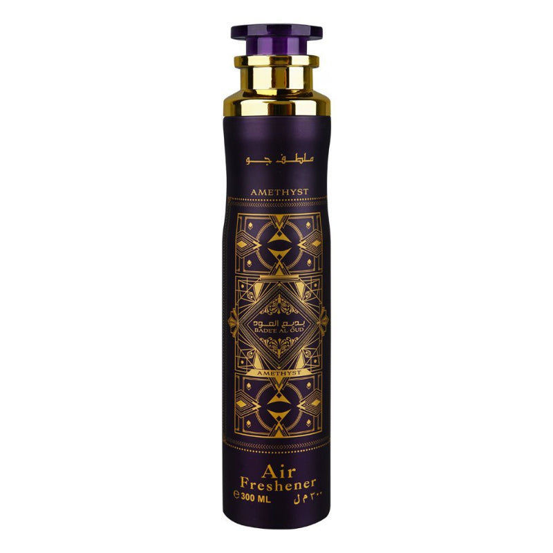 Badee Al Oud Amethyst Deodorant Spray 200ml + Badee Al Oud Amethyst Air Freshener 300ml by Lattafa (Pack of 2)