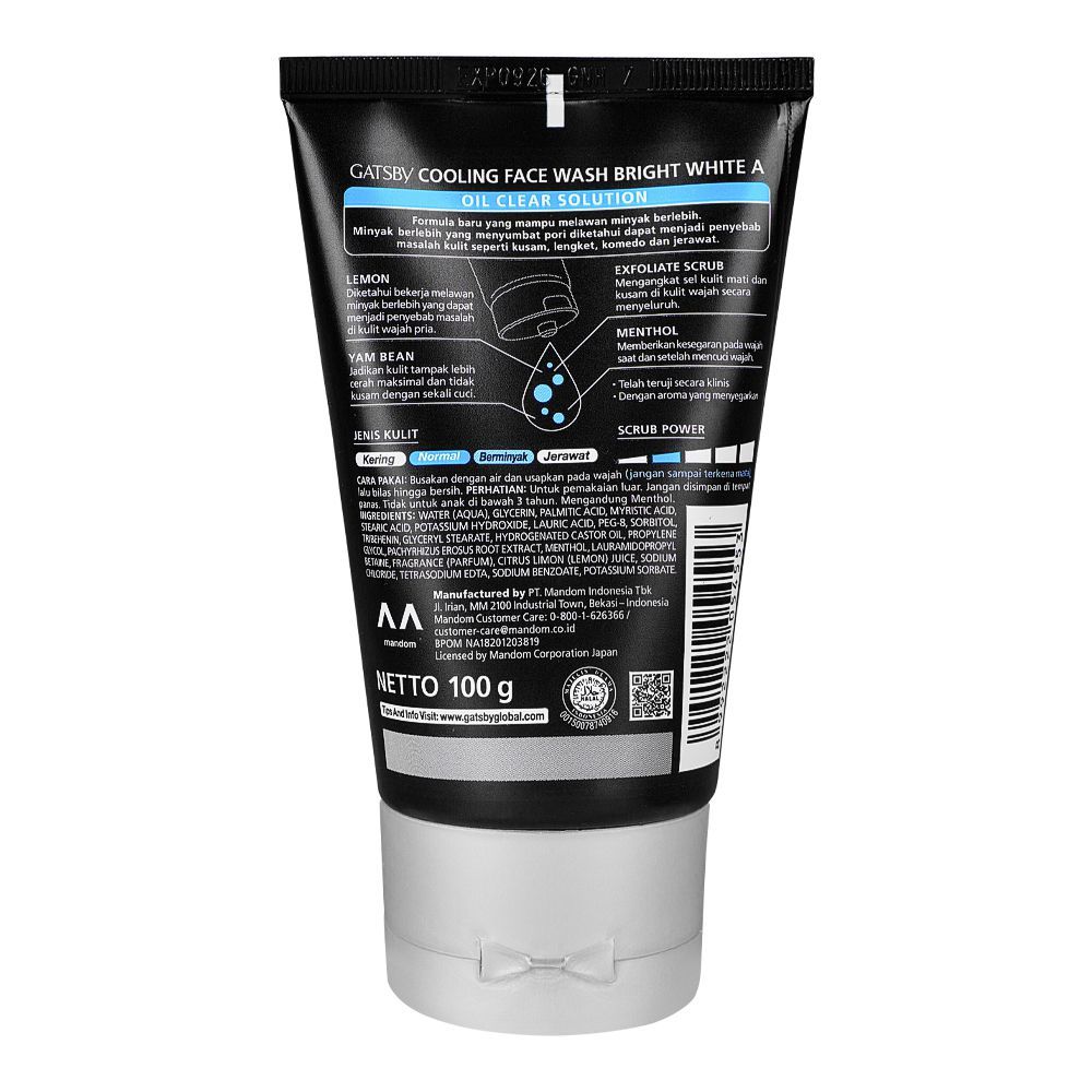 Gatsby Oil Clear Solution Bright White Yam Bean + Lemon Cooling Face Wash 100g - Deep Cleansing Oil Control Brightening Face 