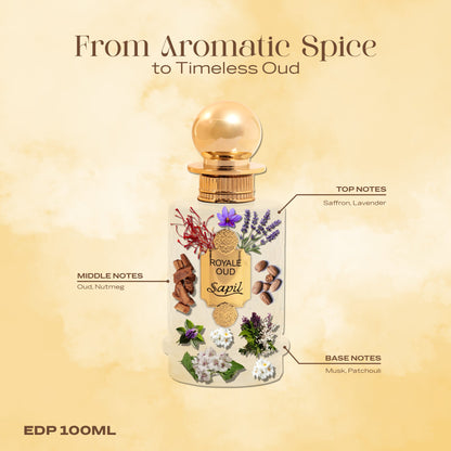 Sapil Royale Oud Eau de Parfum for Men & Women 100ml - Long Lasting Luxury Oud Woody Fragrance Perfume with Rich Oriental Not