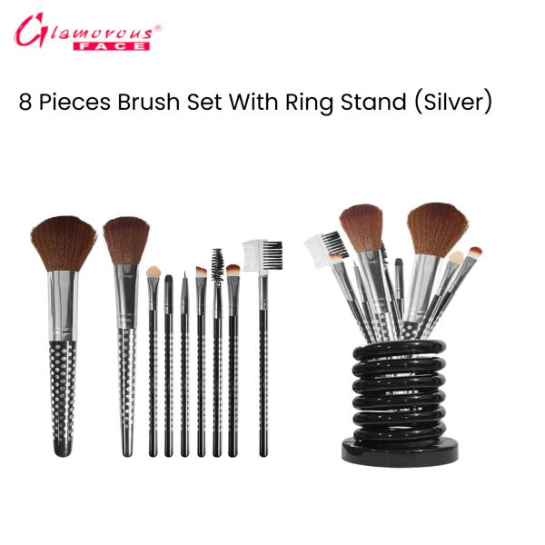 Glamorous Face 8 Pieces Brush Set With Ring Stand (Silver)