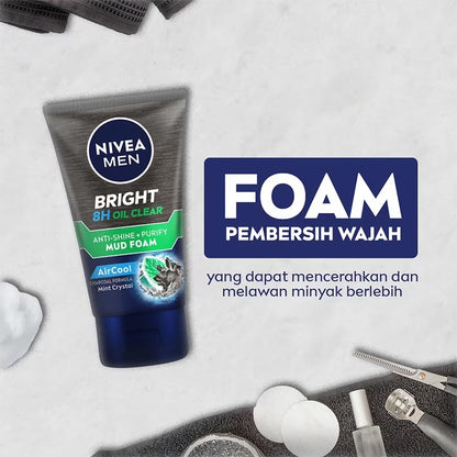 Nivea Men Bright 8H Oil Clear Anti Shine + Purify Mud Foam 100ml