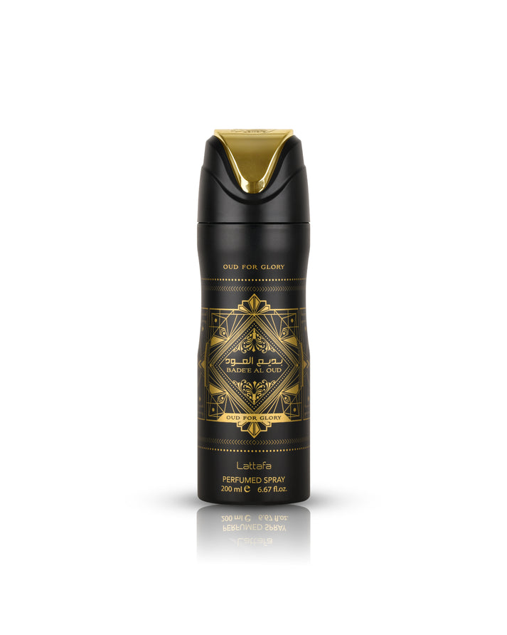 Badee Al Oud Oud For Glory Deodorant Spray 200ml + Badee Al Oud Oud For Glory Air Freshener 300ml by Lattafa (Pack of 2)