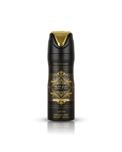 Badee Al Oud Oud For Glory Deodorant Spray 200ml + Badee Al Oud Oud For Glory Air Freshener 300ml by Lattafa (Pack of 2)