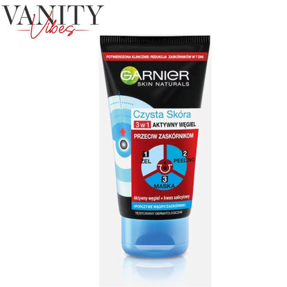 Garnier Skin Naturals Pure Active Charcoal 3-in-1 Cleanser, Scrub & Mask 150ml Deep Cleansing & Oil Control
