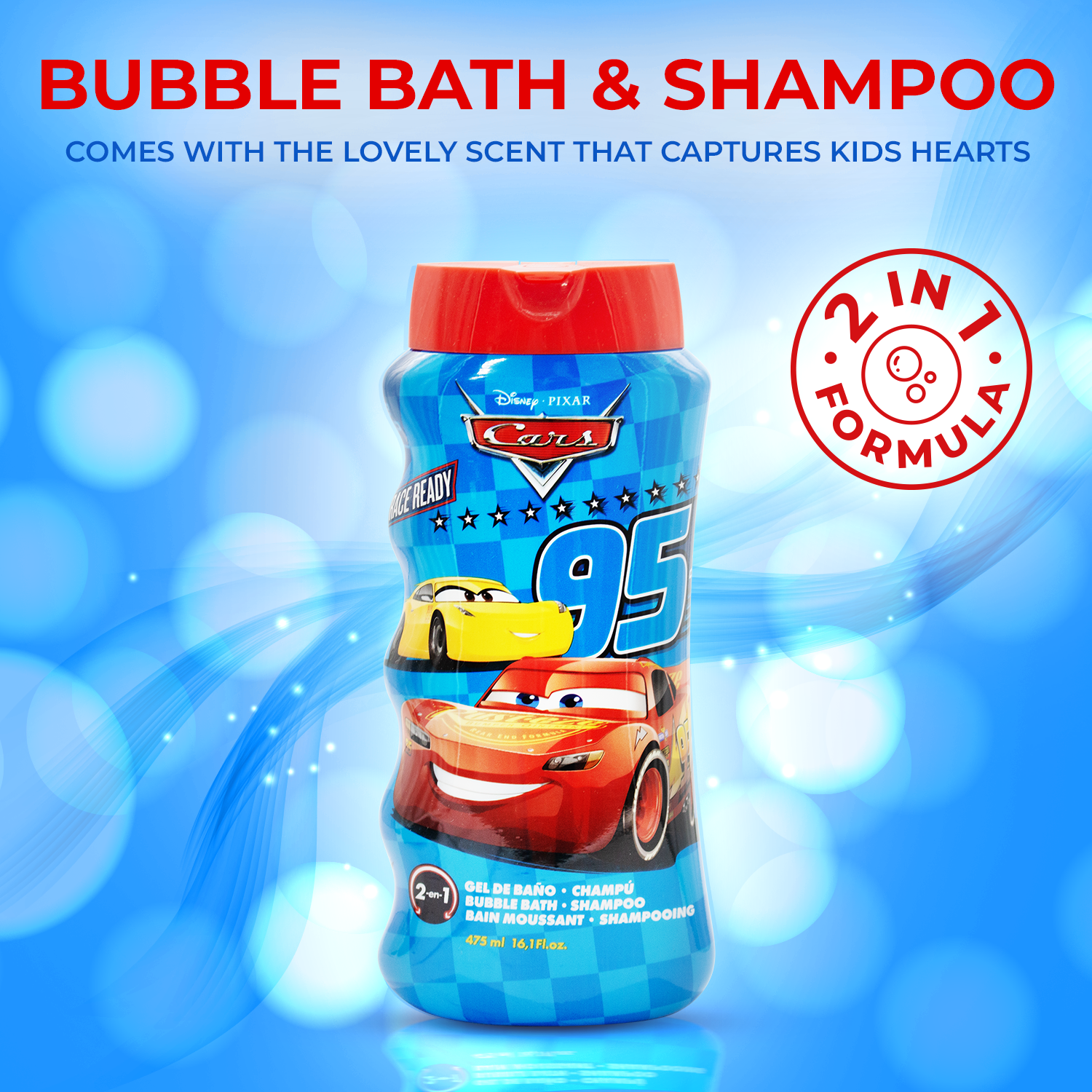 Lorenay Disney Cars 95 2-in-1 Bubble Bath & Shampoo 475ml - Gentle Kids Hair & Body Wash for Soft Cleansing, Fun Bath Experie