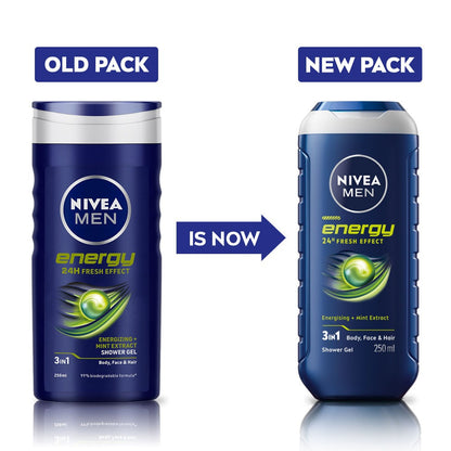 Nivea Men Energy 24H Fresh Effect 3-In-1 Shower Gel For Body, Face & Hair 250ml
