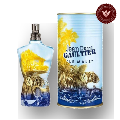 Jean Paul Gaultier Le Male Summer 125ml Men's Perfume | Pakistan — box and bottle, Vanity Vibes badge and soft shadow