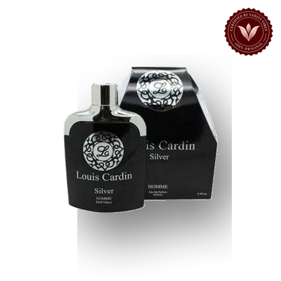Louis Cardin Silver EDP 100ml Men's Perfume | Pakistan — box and bottle, Vanity Vibes badge and soft shadow