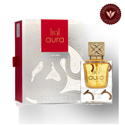Lattafa Aura EDP 60ml Unisex Perfume | Pakistan — box and bottle, Vanity Vibes badge and soft shadow