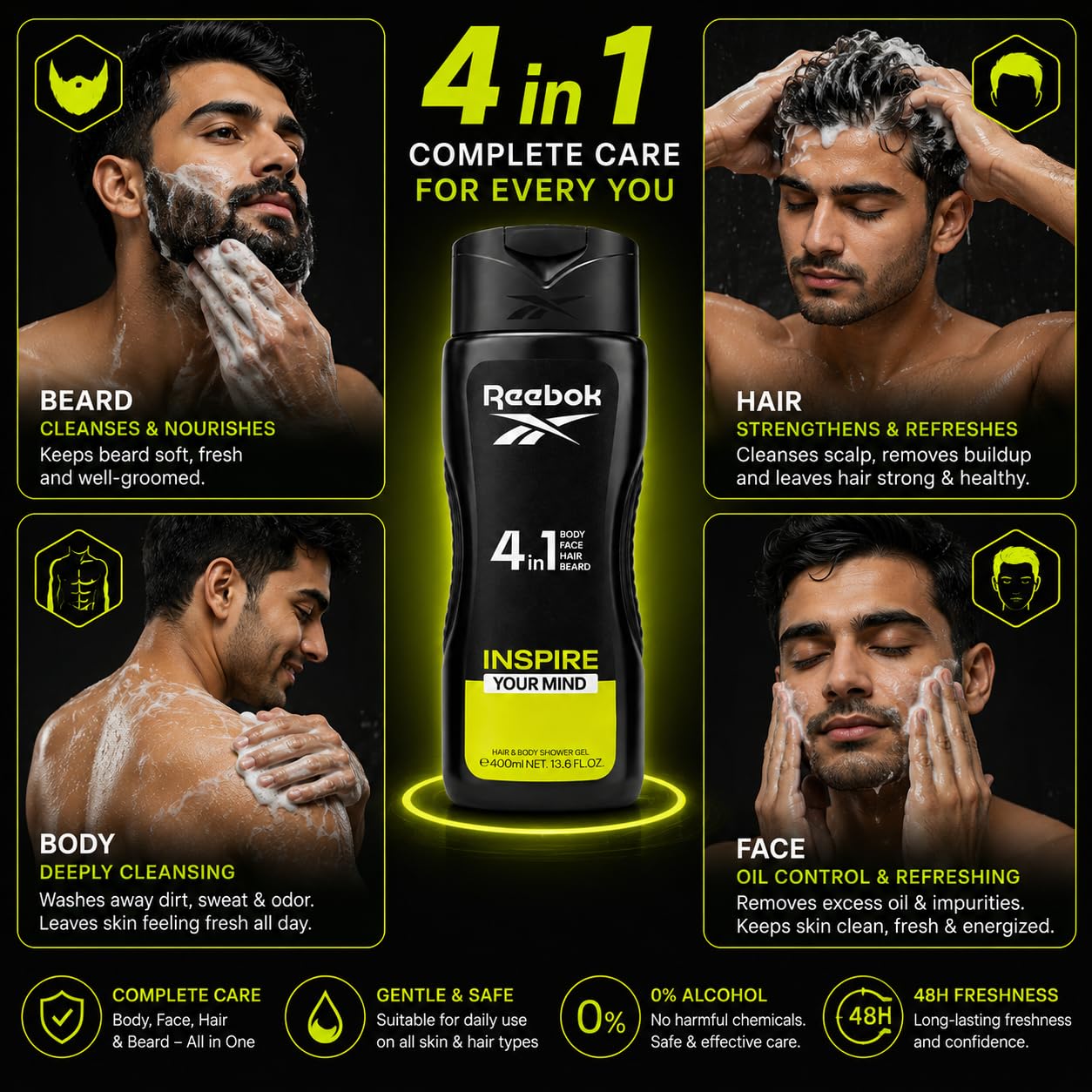 Reebok Men 4-in-1 Inspire Your Mind Shower Gel 400ml - All-in-One Hair, Face & Body Wash for Deep Cleansing, Long Lasting Fre